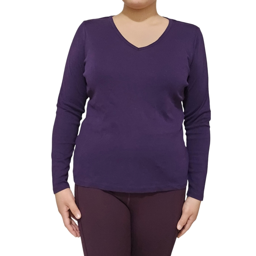 Lands End Women's Large Relaxed Cotton Long Sleeve V-Neck T-Shirt Purple
